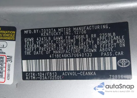 2007 Toyota Camry Le из США, поврежденный, VIN 4T1BE46K57U640133